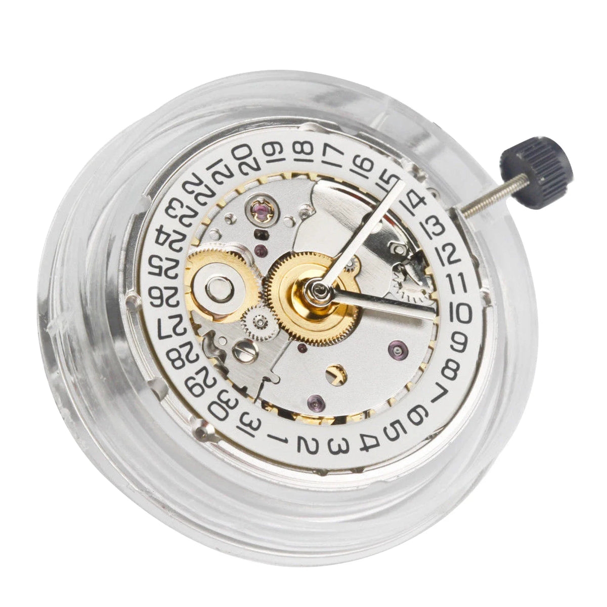 Automatic watch movement with calendar wheel held by tweezers