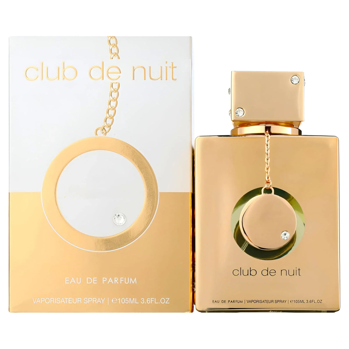 A gold-colored glass perfume bottle standing next to its matching white and gold product box.