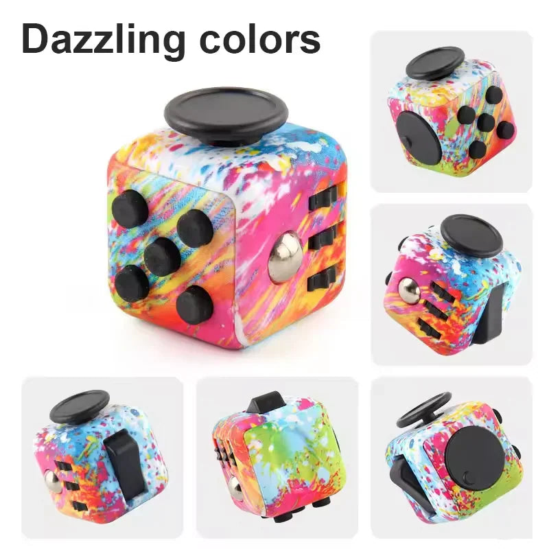 A collage showing various angles and paint-splatter patterns of a sensory fidget cube toy.