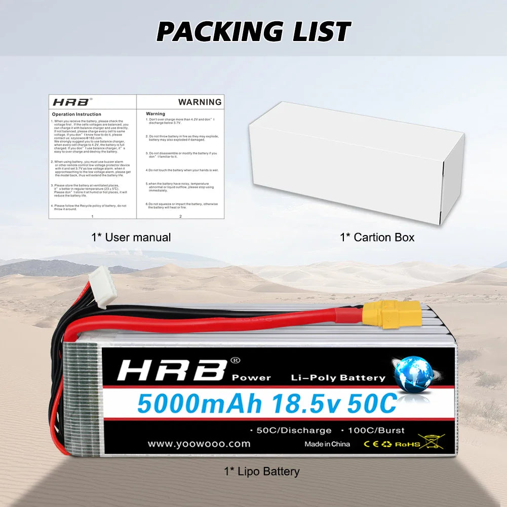 Package contents including a 5000mAh 18.5V 5S Li-poly RC battery, user manual, and shipping box