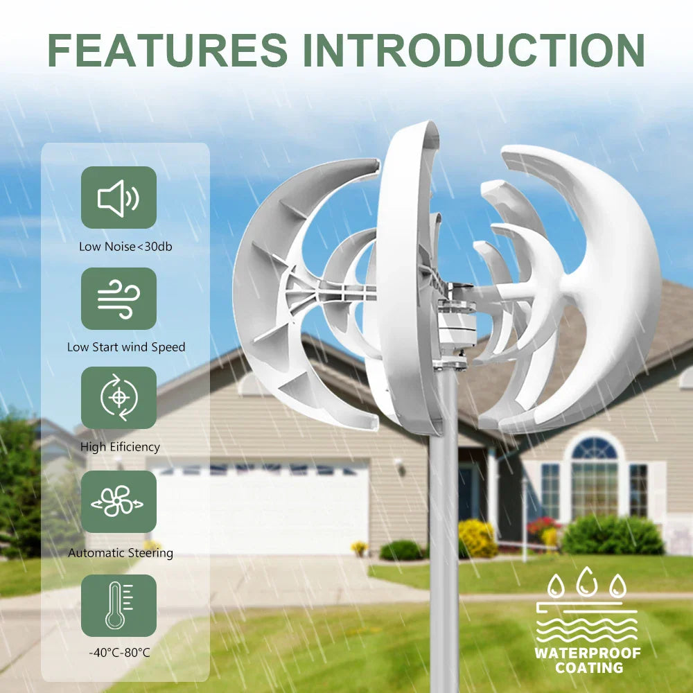 Vertical axis wind turbine features list with icons indicating wind speed and temperature range