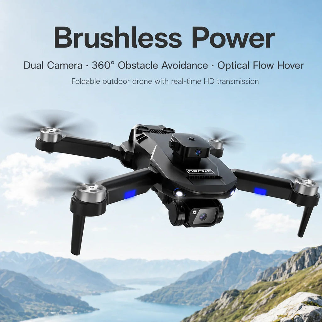 Black foldable drone with brushless motors in flight