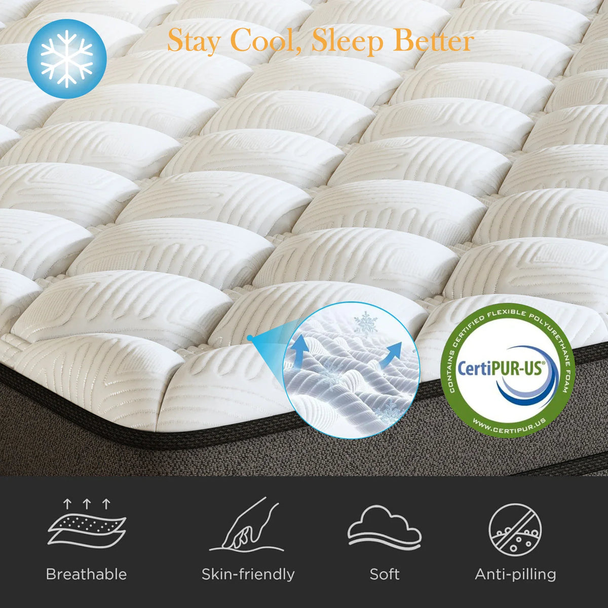 Close up of breathable cooling mattress fabric surface with icons for comfort features