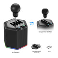 A black racing simulator gear shifter showing H-pattern and sequential modes with interchangeable components