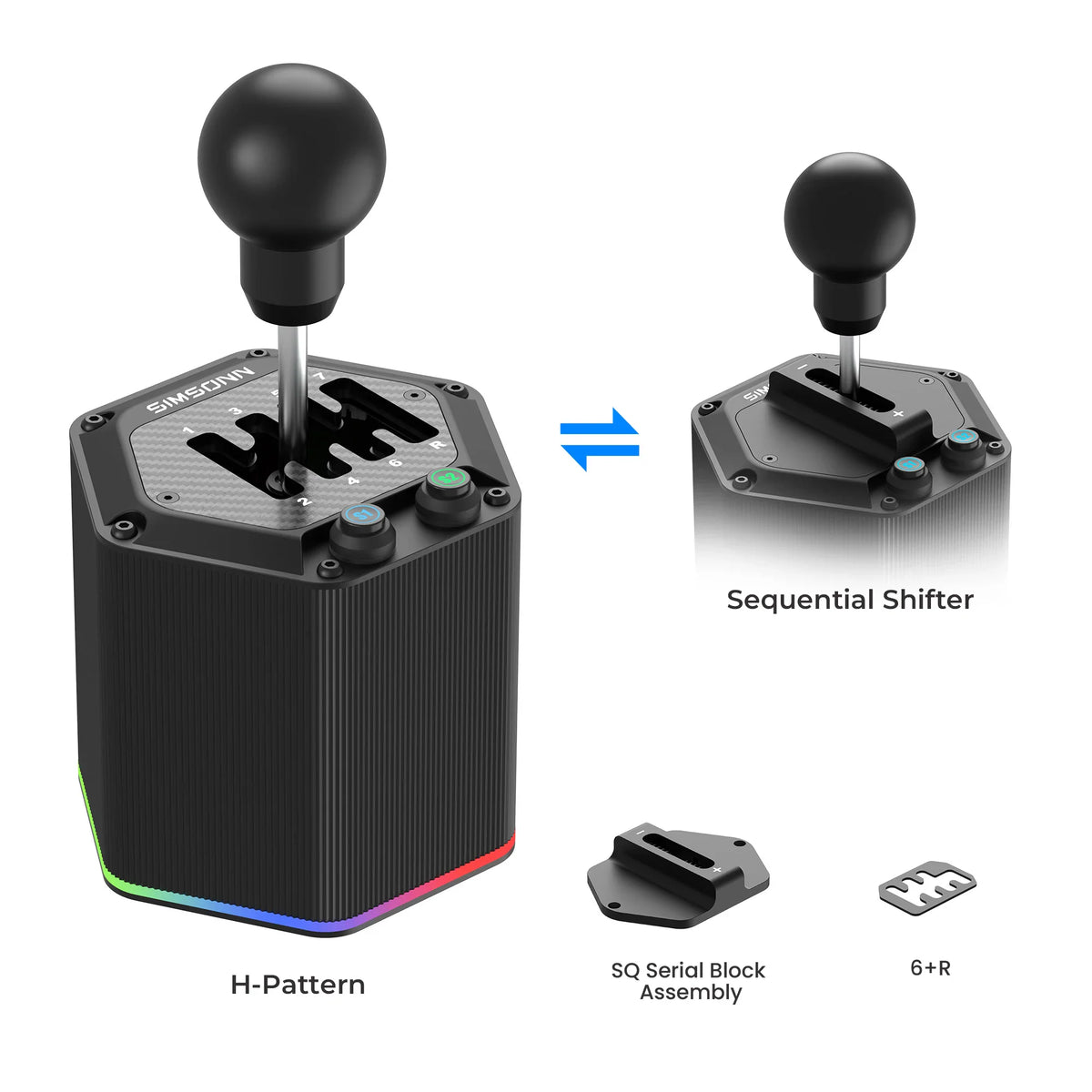 A black racing simulator gear shifter showing H-pattern and sequential modes with interchangeable components
