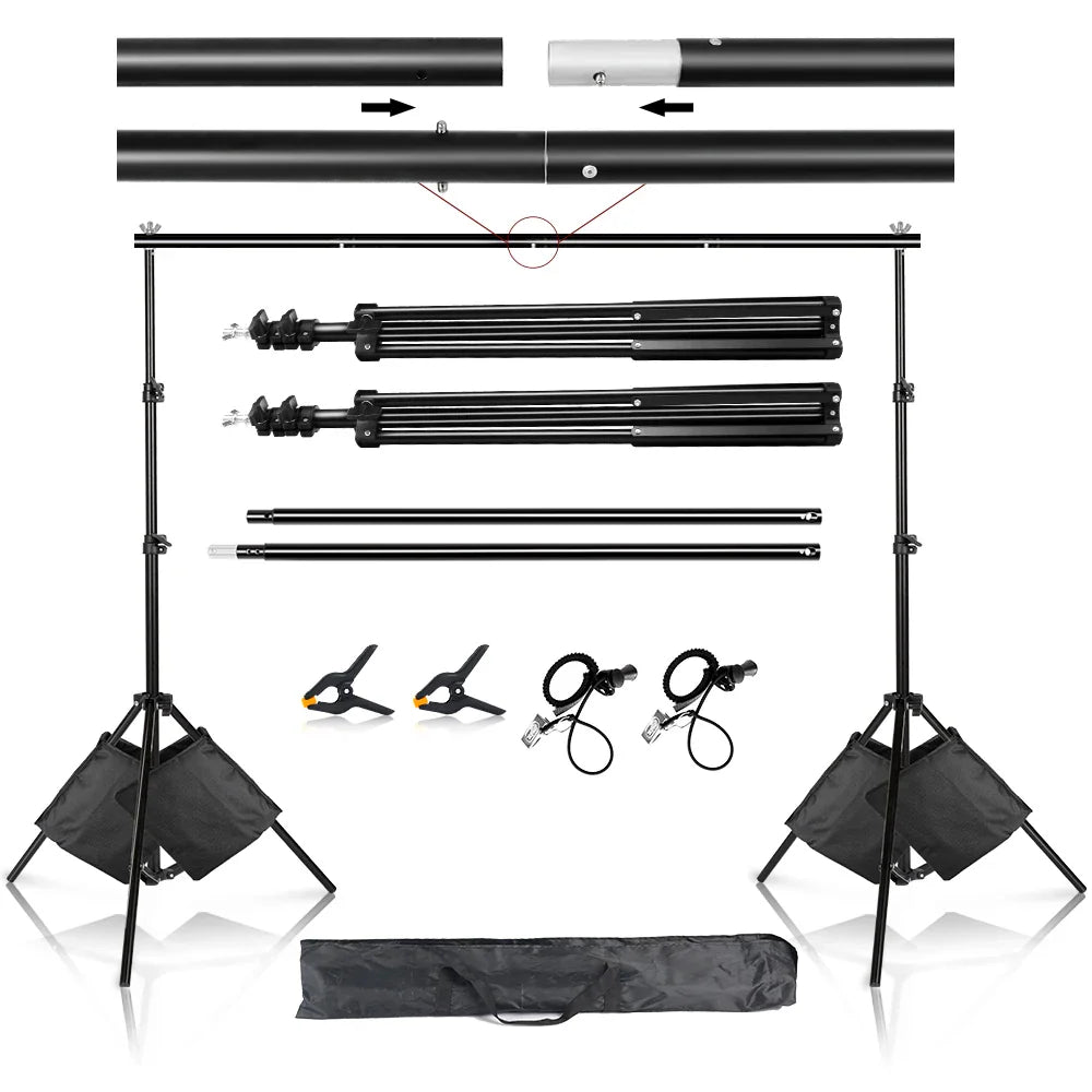 A complete photography background support system including stands, crossbars, clamps, sandbags, and a carrying case.