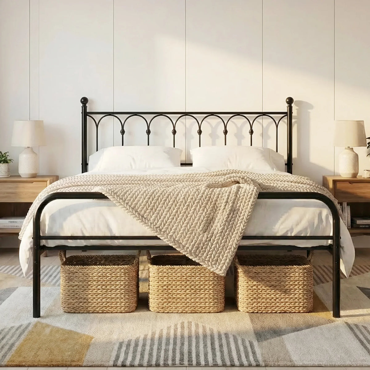 Black metal platform bed frame in a styled bedroom with under-bed storage baskets