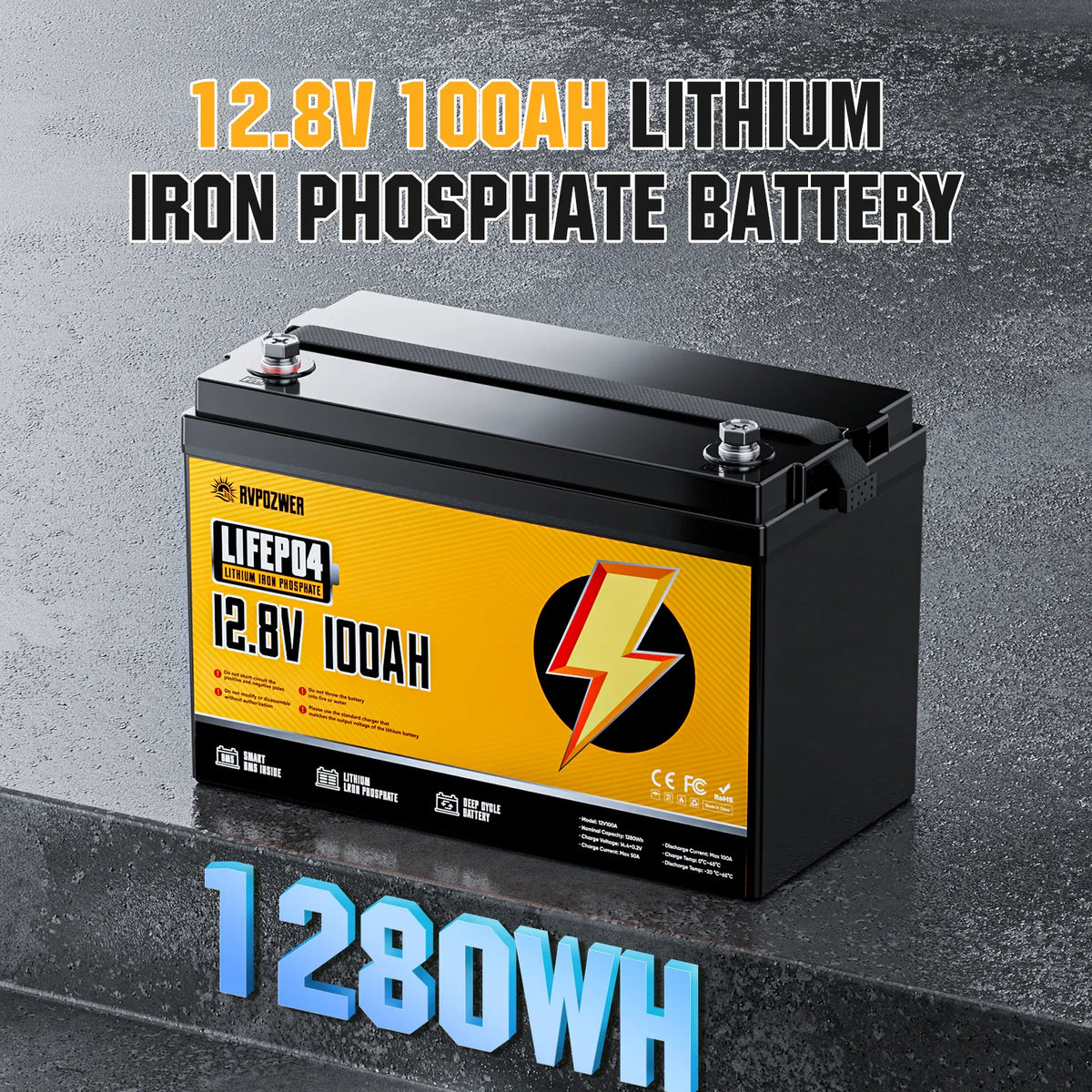 12.8V 100Ah lithium iron phosphate deep cycle battery with 1280Wh label
