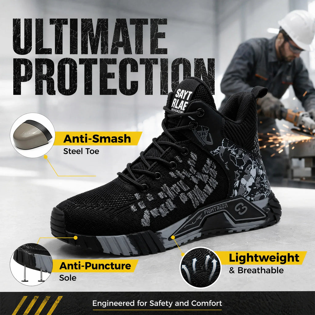 Black construction safety boots with steel toe and puncture-resistant sole