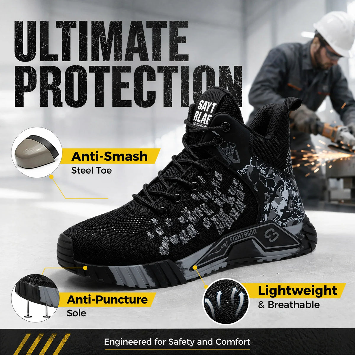 Black construction safety boots with steel toe and puncture-resistant sole