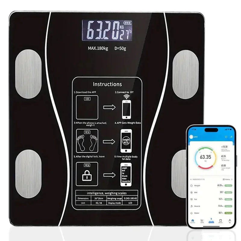 Smart body fat bathroom scale with digital display paired with a smartphone app showing health data