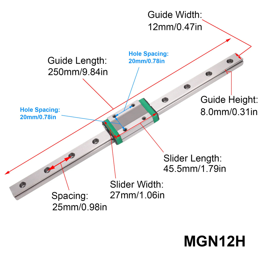 Linear rail guide with technical dimensions and labels