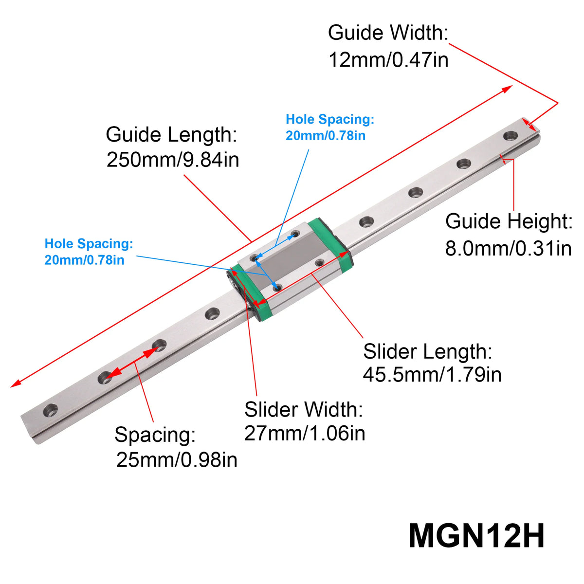 Linear rail guide with technical dimensions and labels