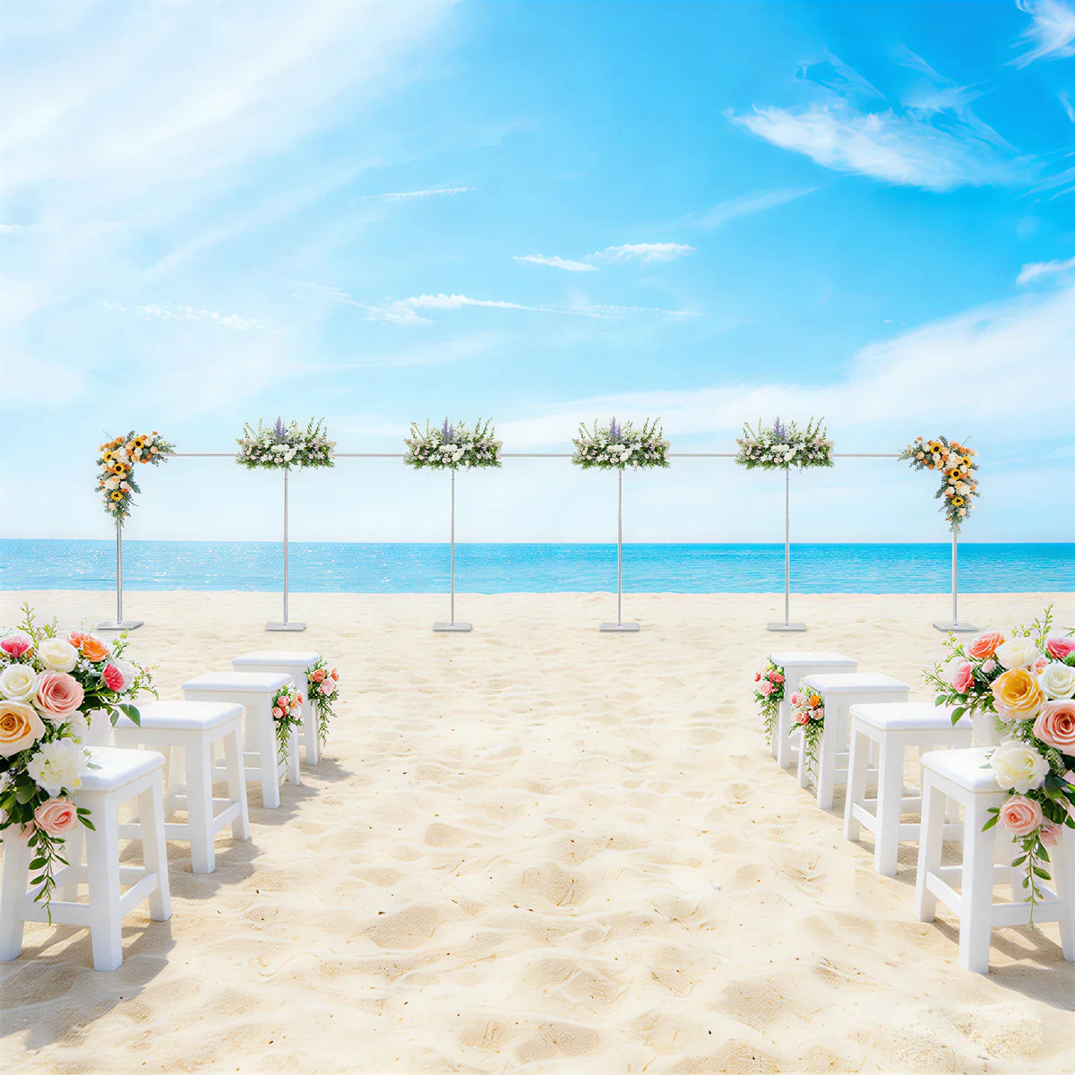 Wedding arch backdrop stand decorated with flowers on a beach