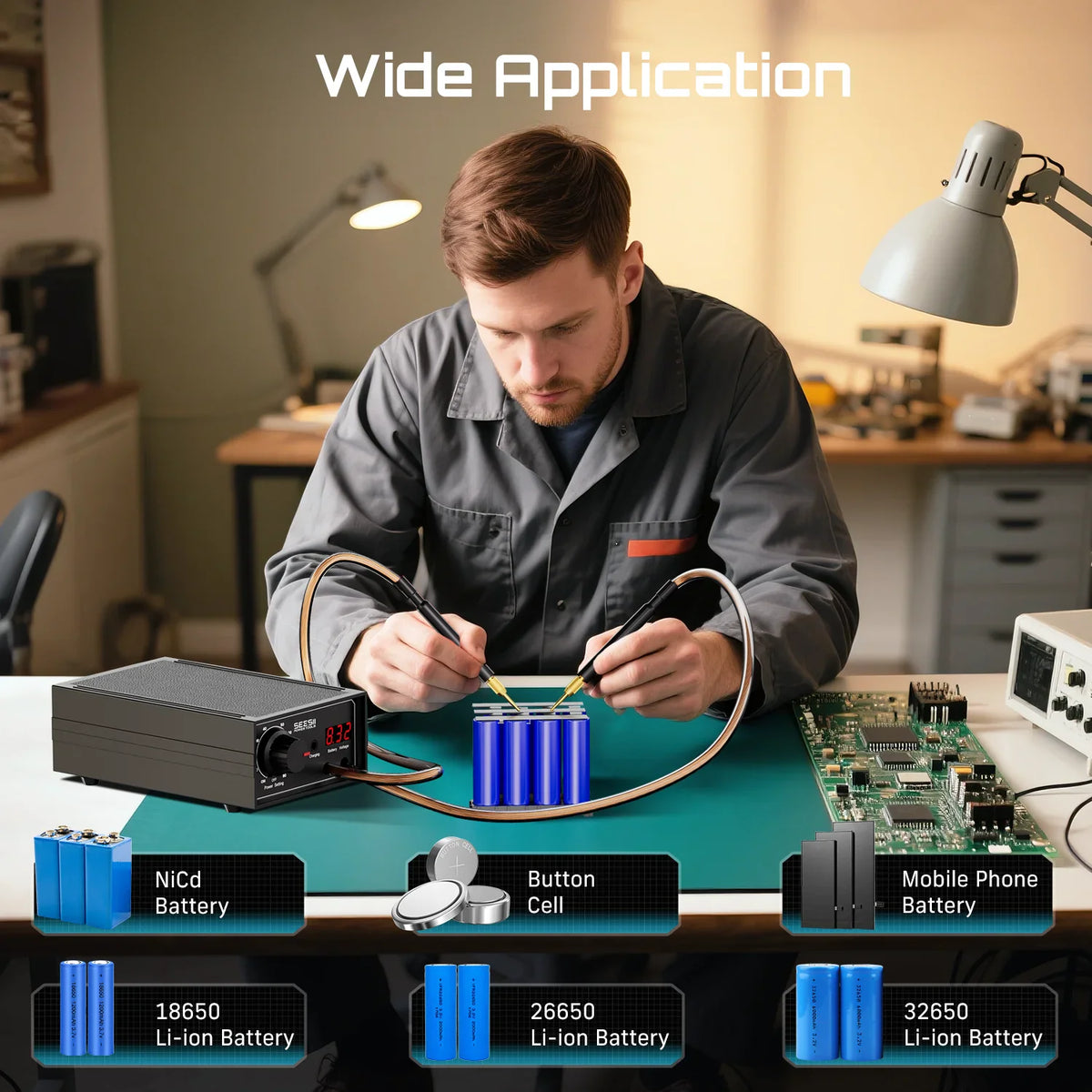 A technician using a spot welder to repair various battery types including 18650 and mobile phone batteries.
