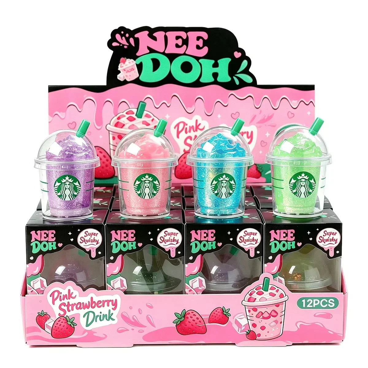 Display box of glittery iced coffee cup shaped squishy fidget toys in various pastel colors.