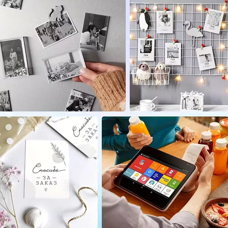 Collage showing printed photos displayed on a wire grid and a cash register interface