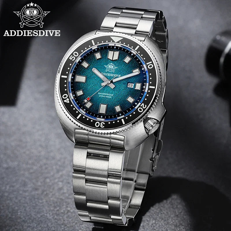 Stainless steel dive watch with a textured blue dial