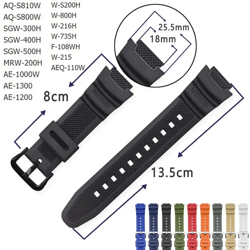 Black rubber replacement watch strap with dimensions and compatibility list