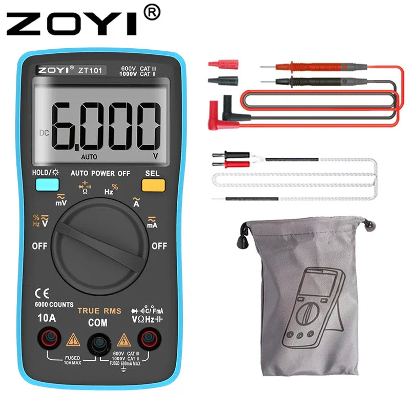 Digital multimeter set including test leads, temperature probe, and carrying pouch