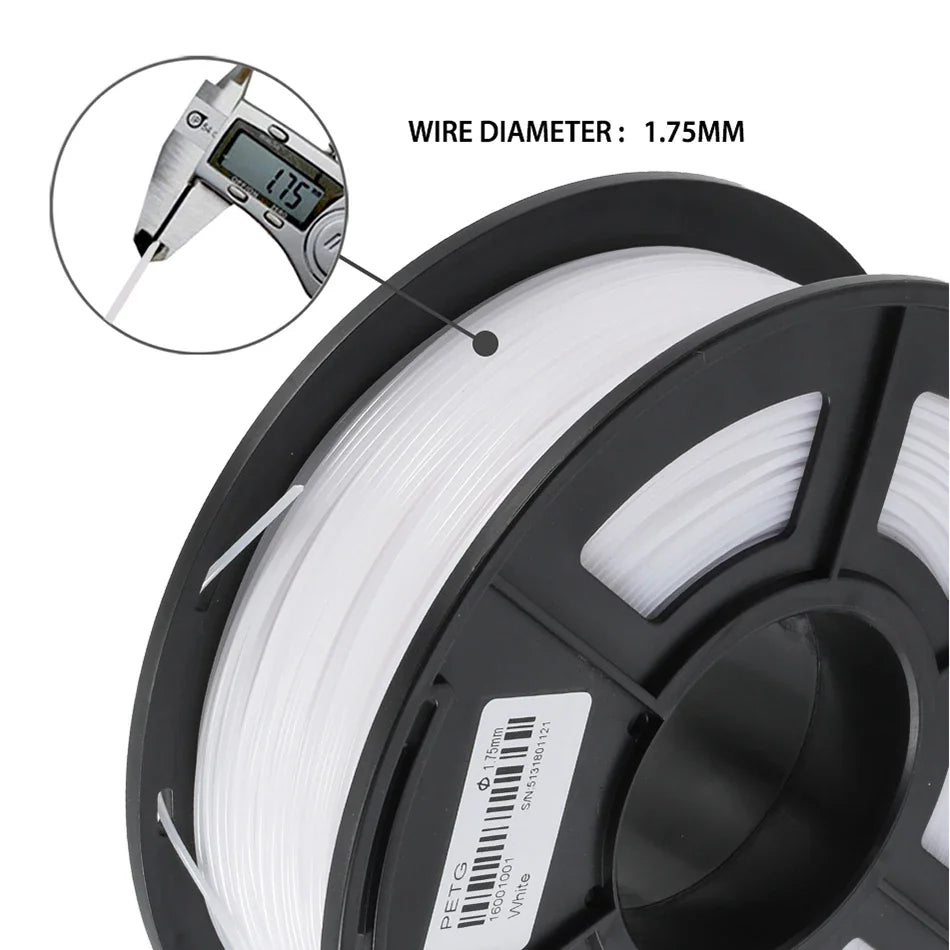 White 3D printer filament spool being measured with a digital caliper