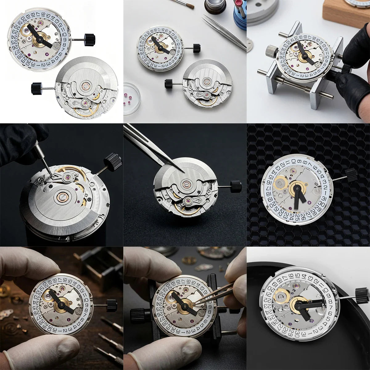 A composite image showing various steps of watch movement assembly and adjustment.