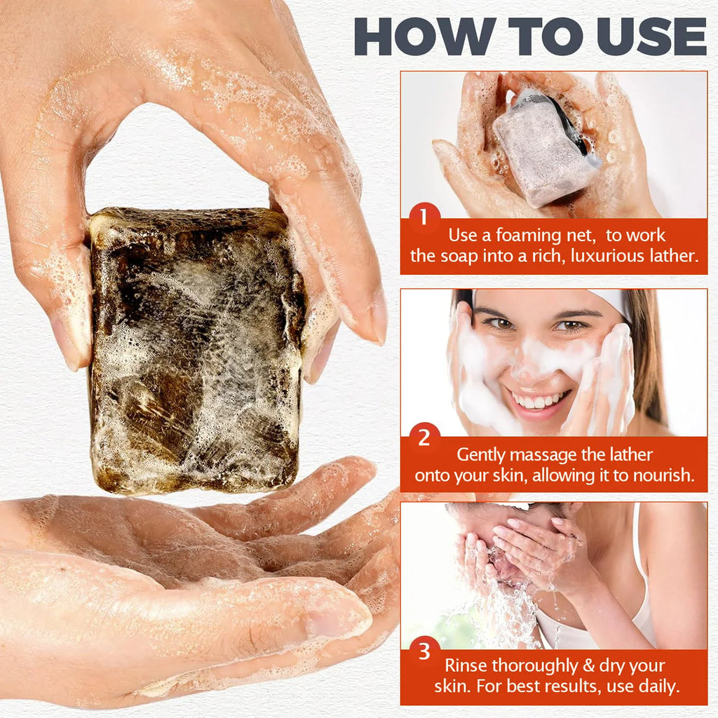 Instructional graphic showing how to use African black soap with three steps and images of hands and face