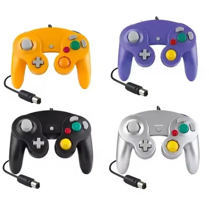 Four wired game controllers in yellow, purple, black, and silver.