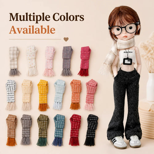 A doll wearing a plaid scarf with a grid showing multiple color variations of miniature scarves