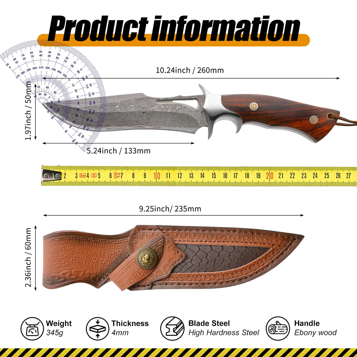 Diagram showing the dimensions and physical specifications of a Damascus steel knife and its leather sheath