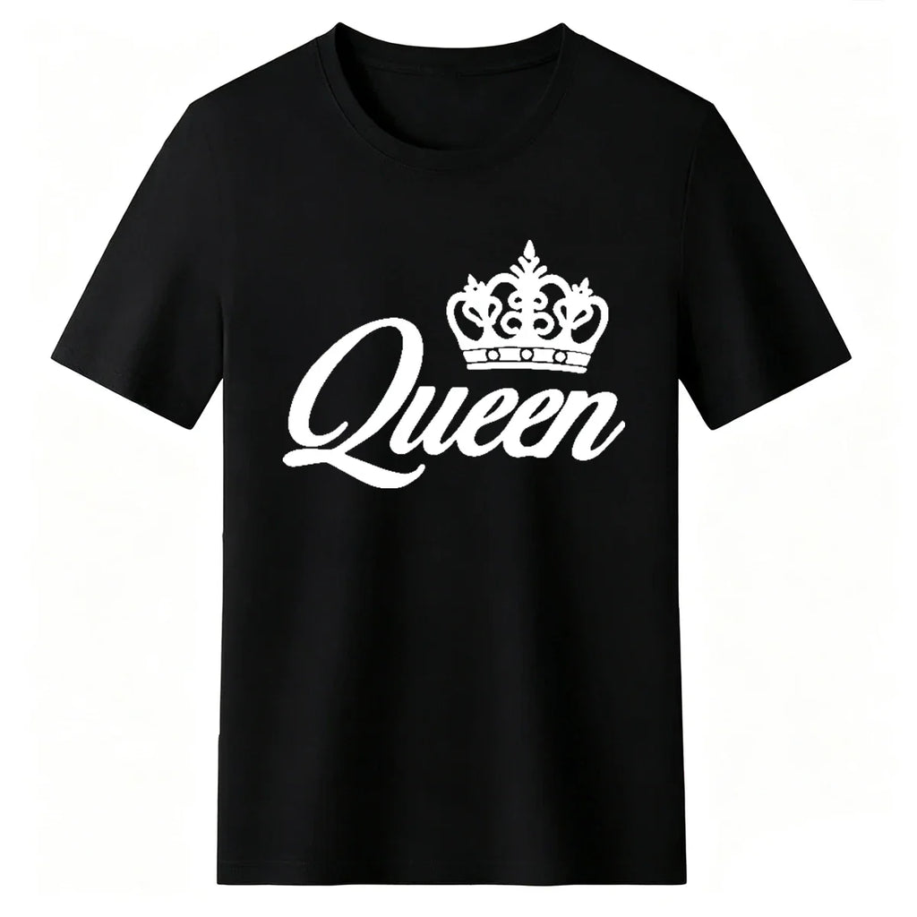 A black short-sleeved t-shirt with a white crown and Queen lettering on the front