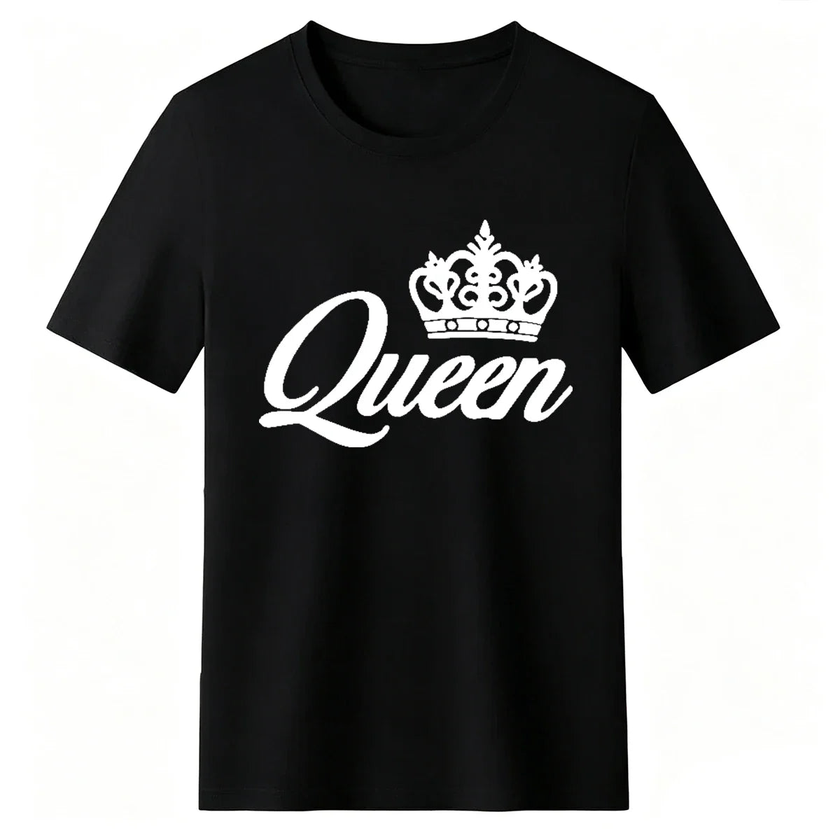 A black short-sleeved t-shirt with a white crown and Queen lettering on the front