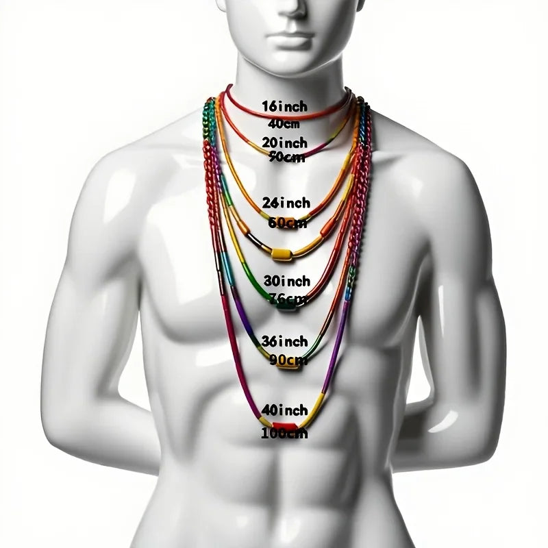 Mannequin torso displaying multiple necklace lengths from 16 to 40 inches with length labels.