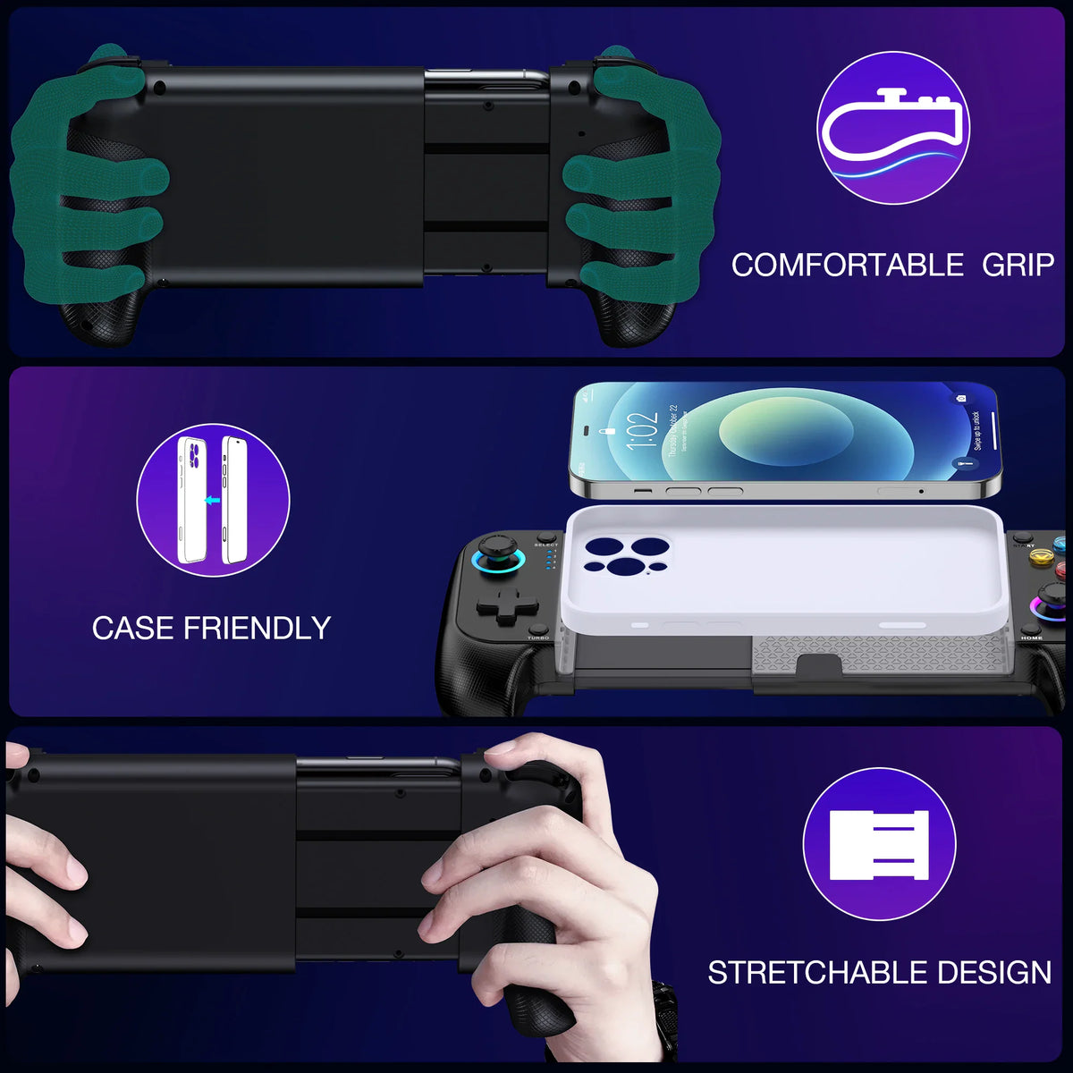 Collage showing the ergonomic grip, case-friendly fit, and stretchable design of a mobile phone controller.