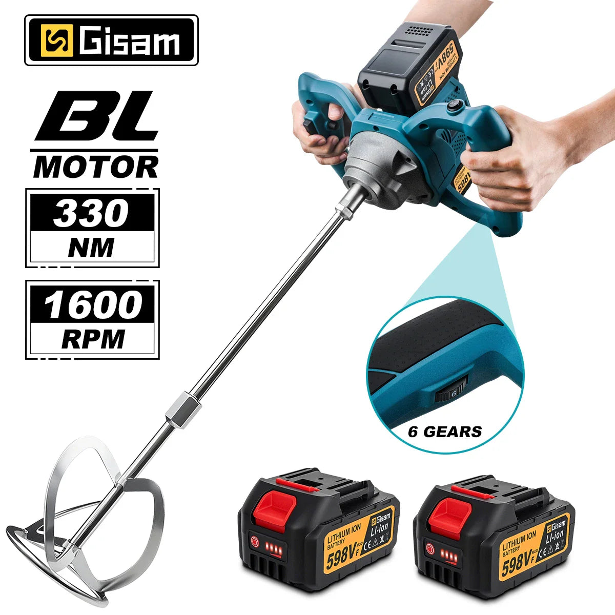 Cordless concrete mixer with batteries, featuring a blue and black finish and long mixing paddle.