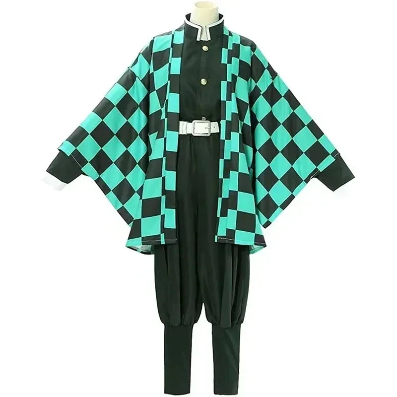 Green and black checkered cosplay kimono with black uniform and white belt