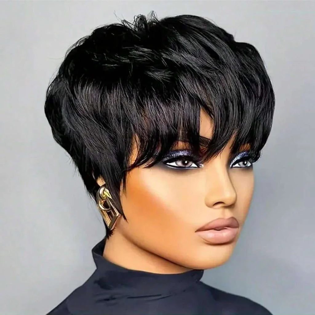 A front-side view of a woman with a short black layered pixie cut wig and side-swept bangs.