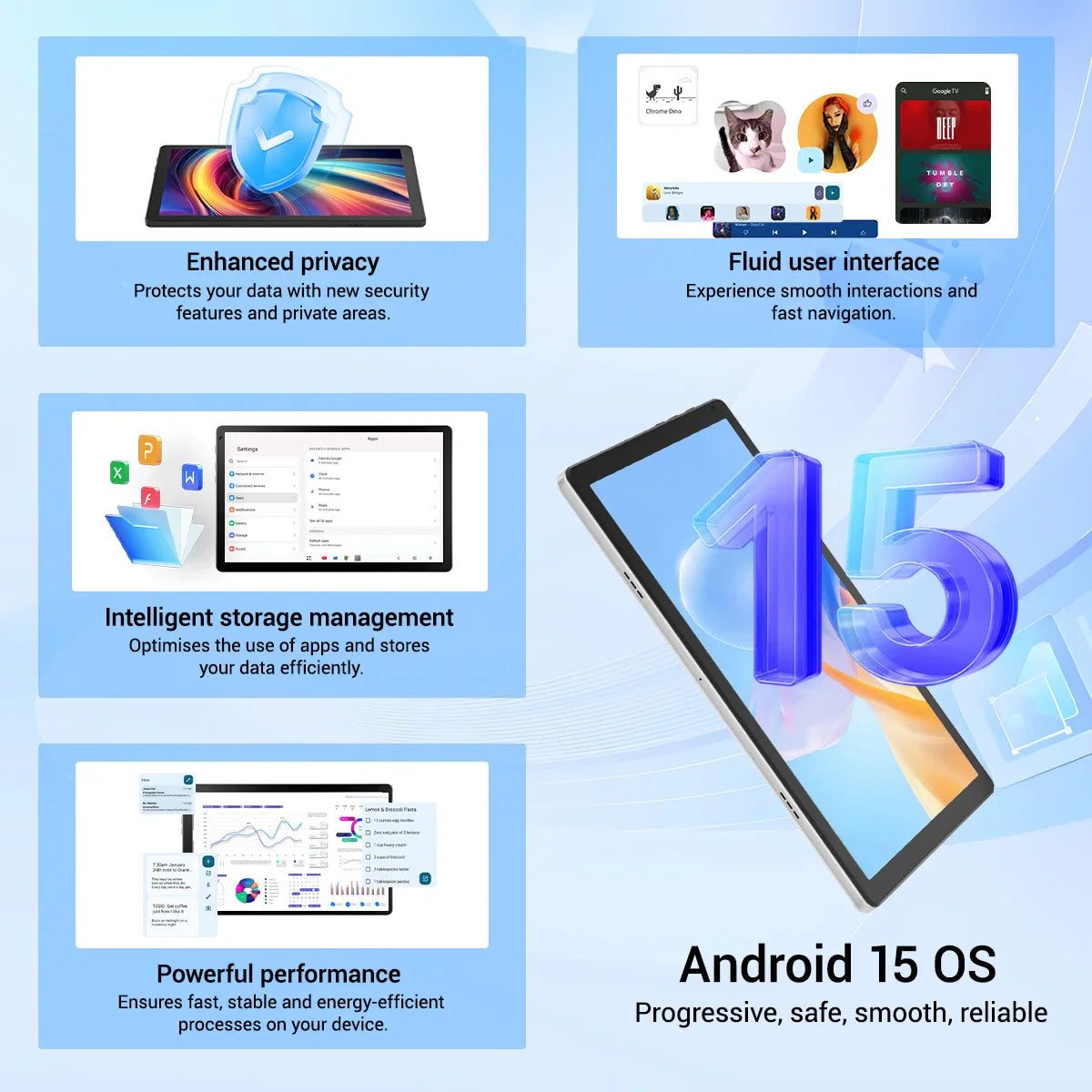 Tablet display interface features showing privacy settings, multitasking, and system information