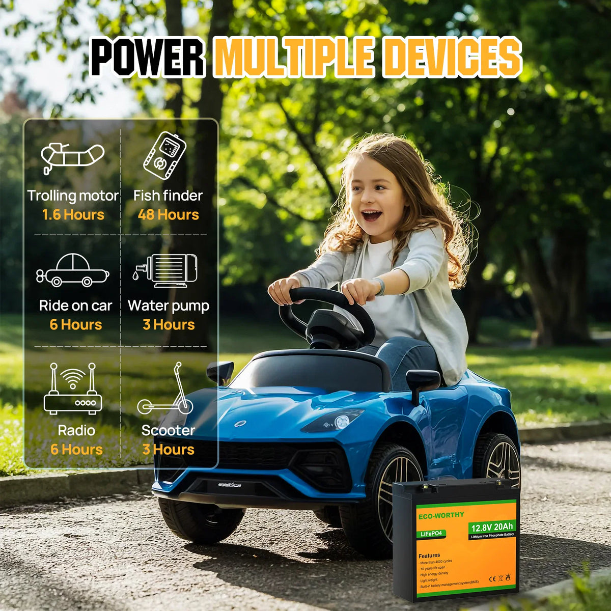 Child driving a small blue electric toy car in a park