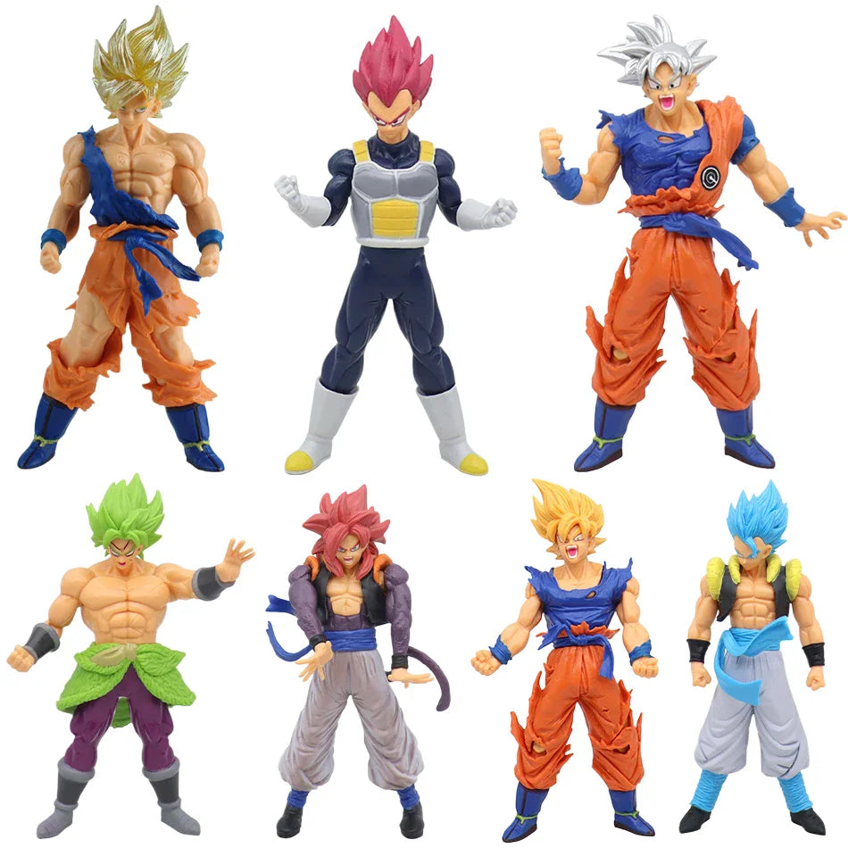 A set of six different Dragon Ball Z character statues including Goku, Vegeta, and Broly.