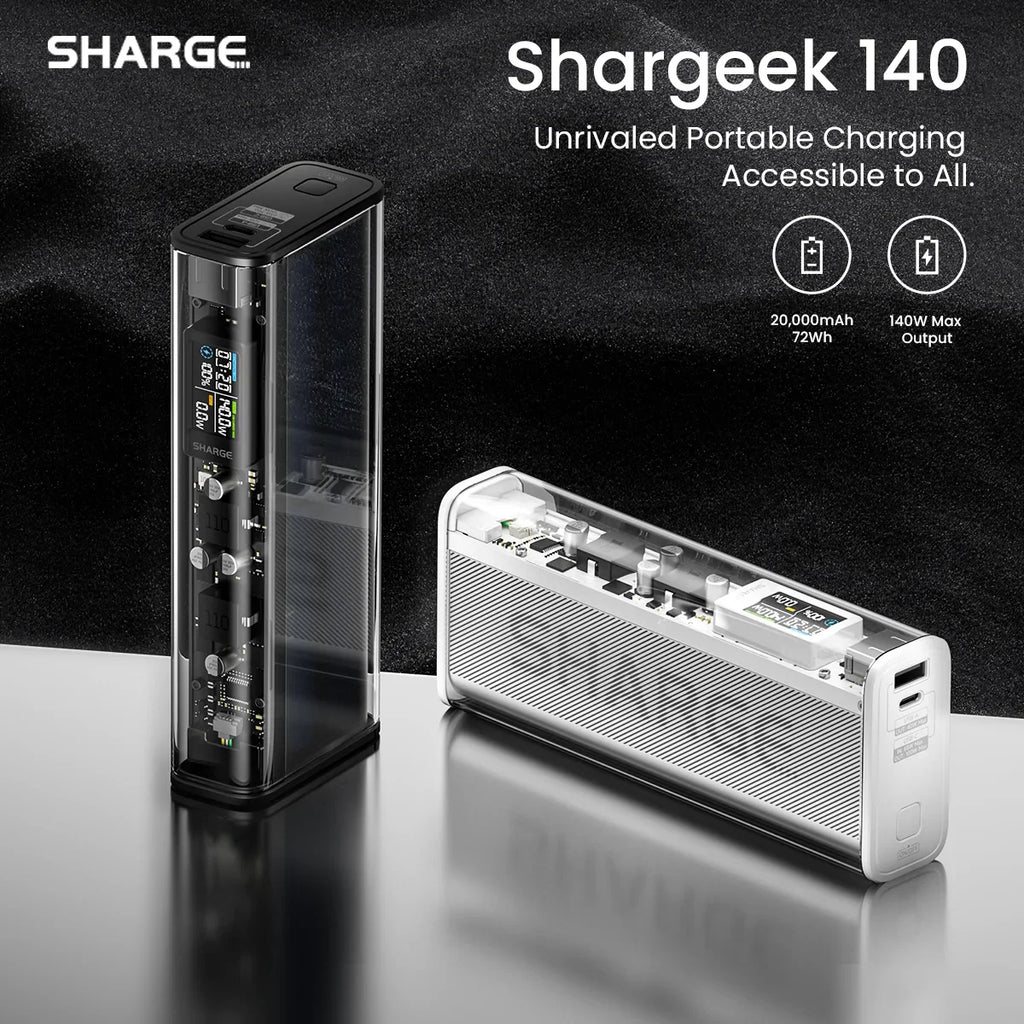 Shargeek 140 portable power bank with metallic alloy finish and digital display showing charging status