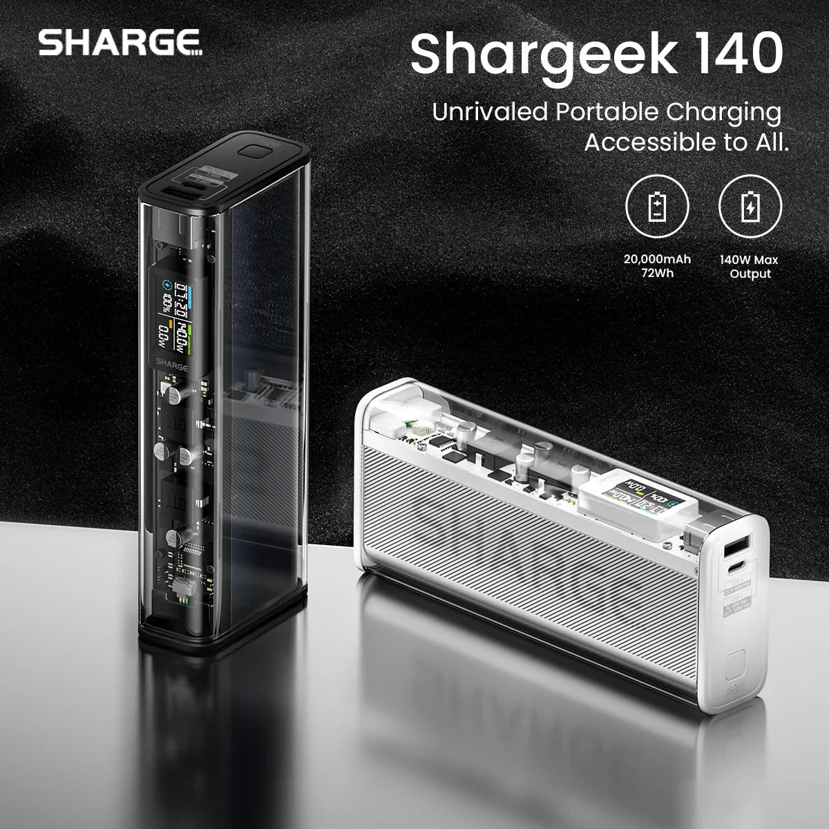 Shargeek 140 portable power bank with metallic alloy finish and digital display showing charging status