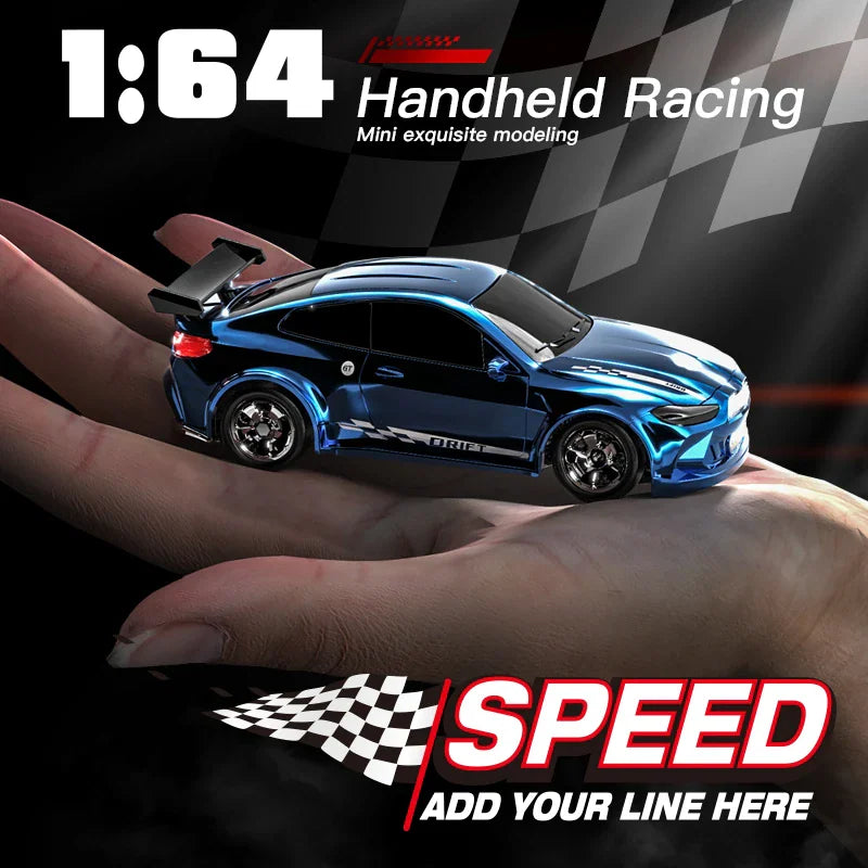 Hand holding a blue 1/64 scale RC drift car, showing the miniature size of the vehicle
