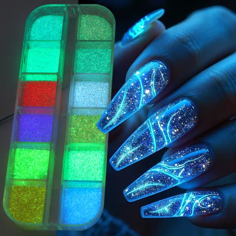 12-grid set of glowing nail glitter powder with examples of glow-in-the-dark glittery long nails