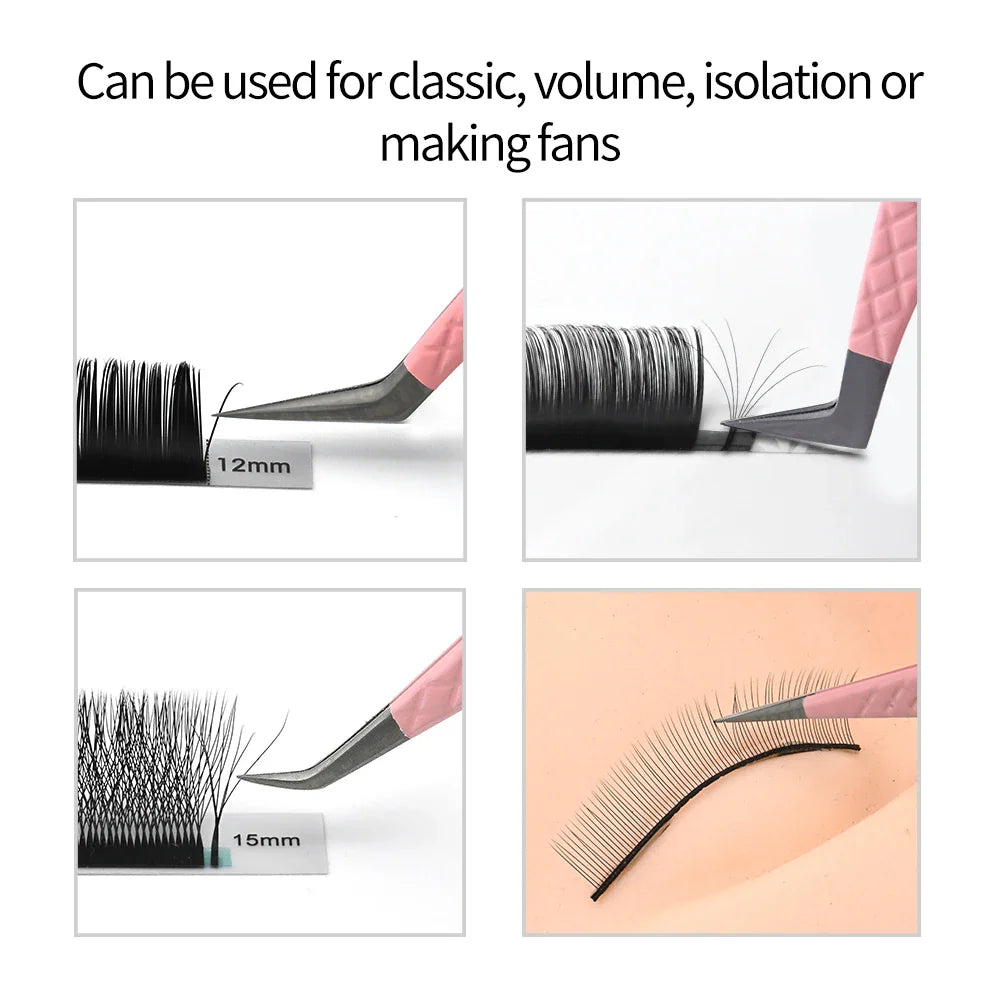 Demonstration photos showing various pink tweezers being used to isolate and apply different lash extension styles
