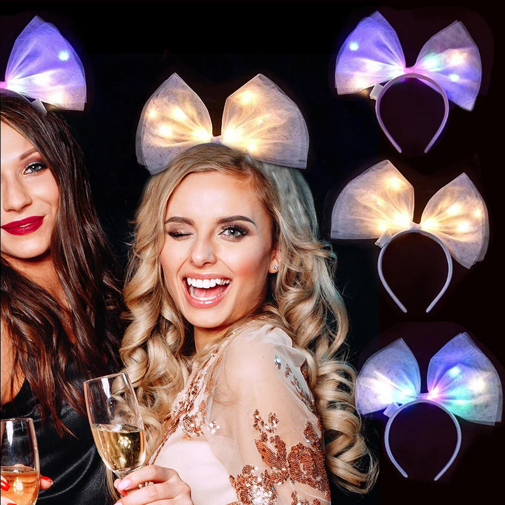 A woman winking wearing a glowing LED bow headband, next to two other floating headband options