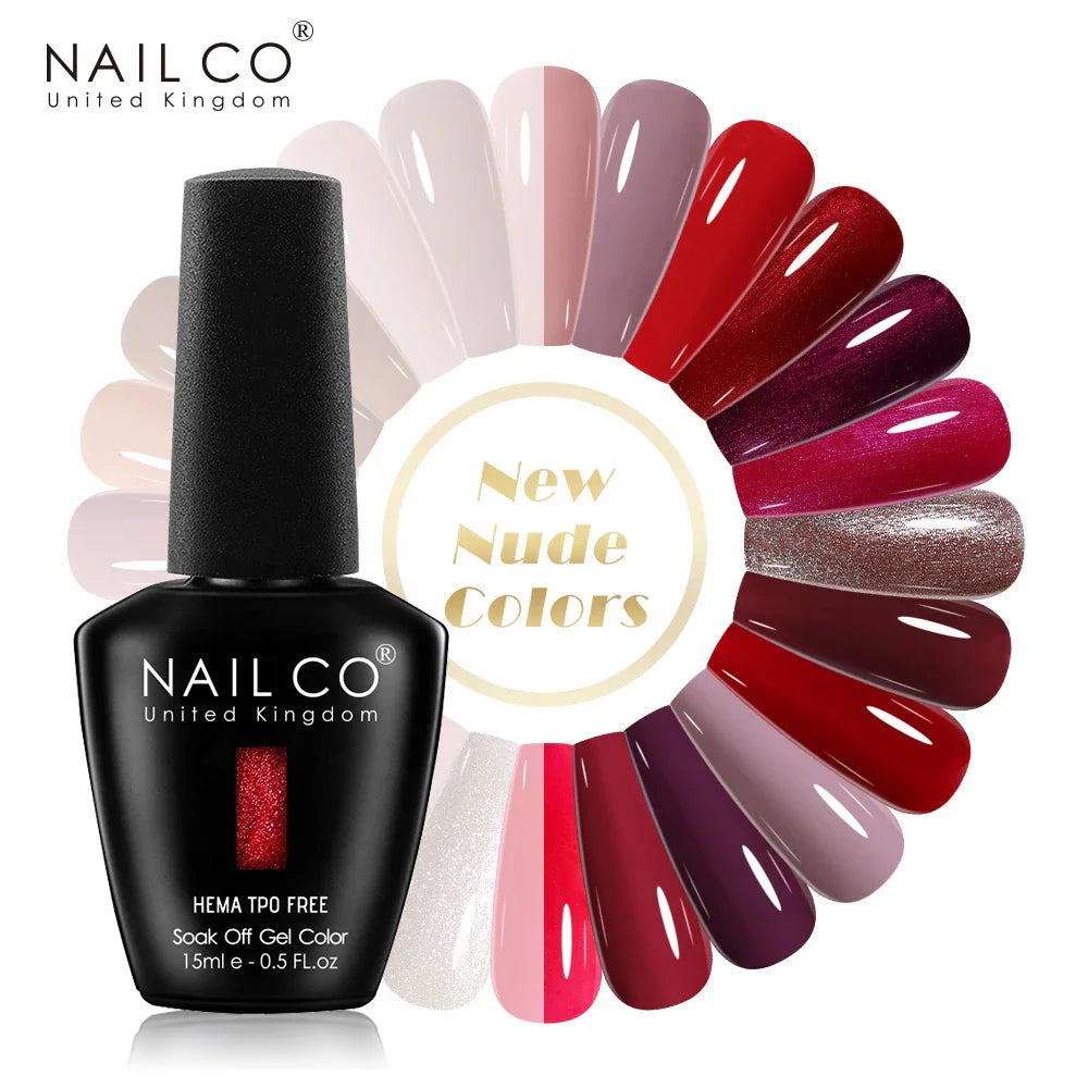 Gel nail polish bottle surrounded by color swatches in various shades of red, brown, and nude.