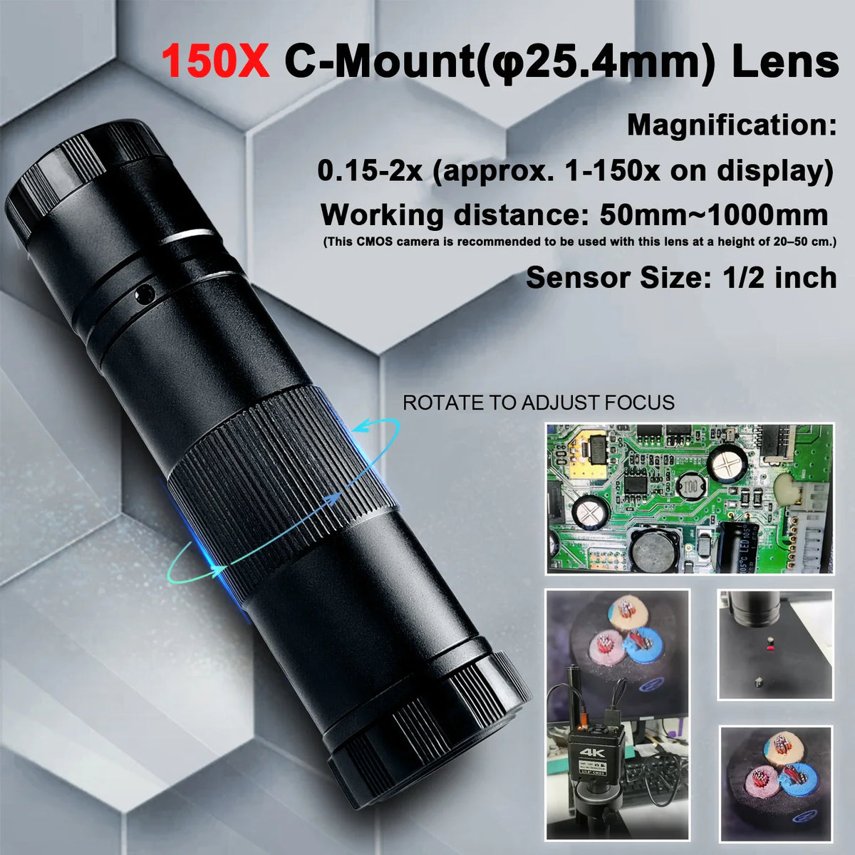 150X C-mount optical lens for digital microscope with manual focus adjustment ring.