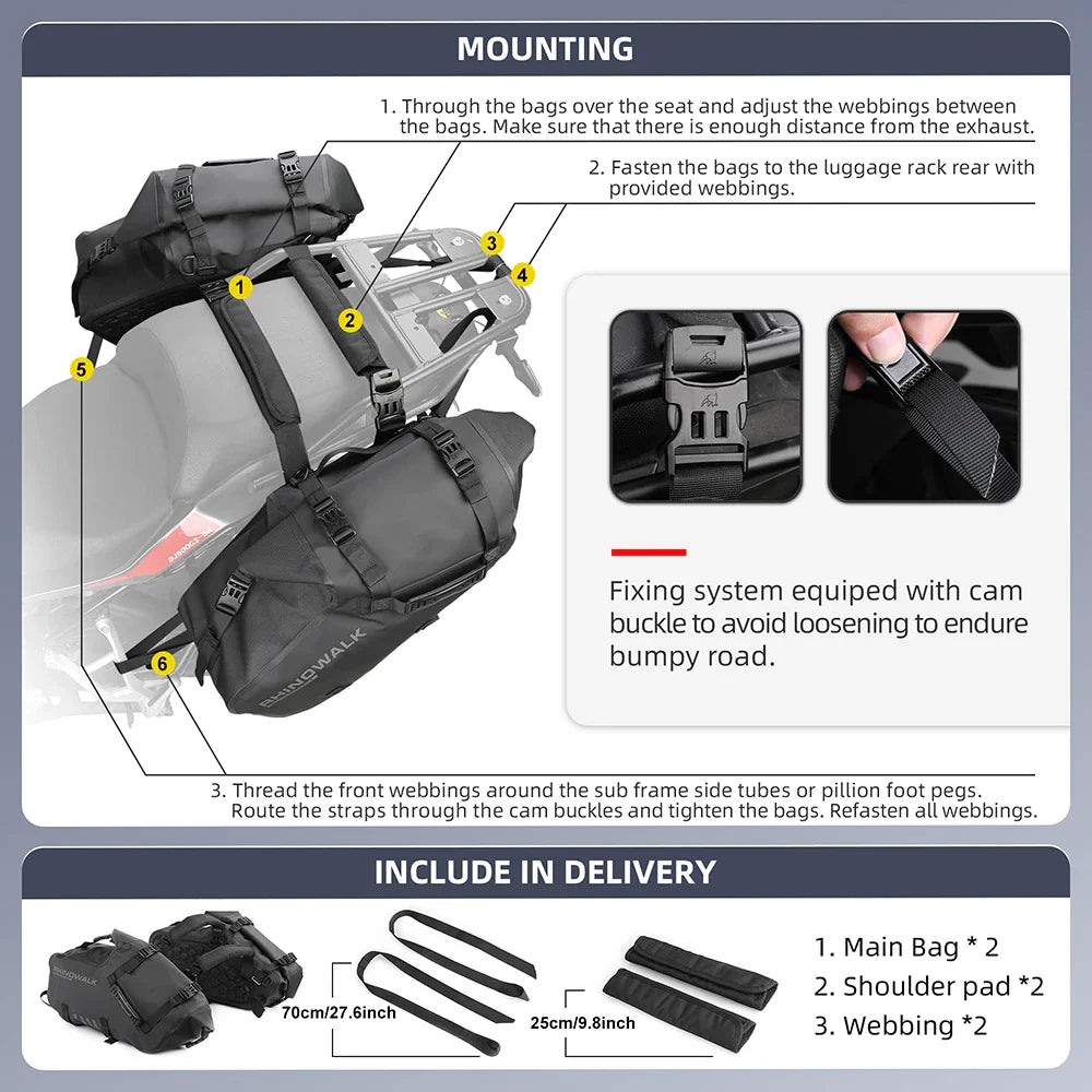Diagram demonstrating the mounting process for motorcycle saddle bags with a list of included items