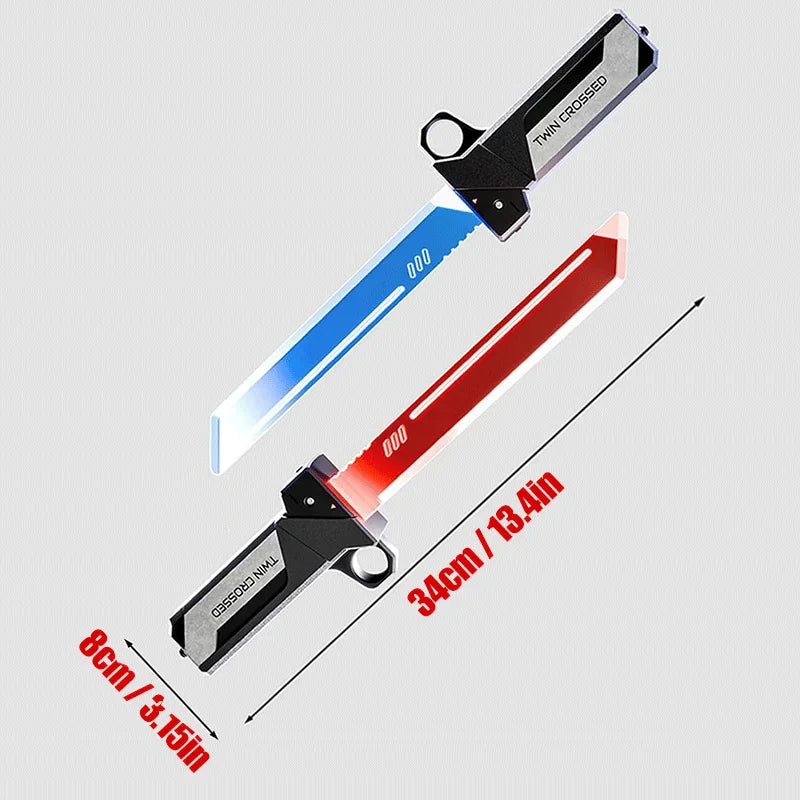 Dimensional measurement diagram of blue and red light-up sci-fi toy swords.